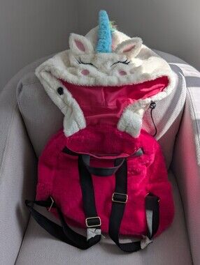 Pink Fuzzy Unicorn Hoodie Kids Backpack